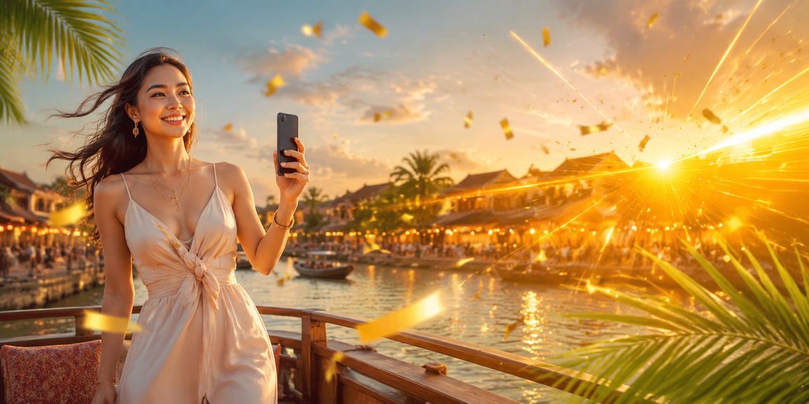 Người dùng chơi casino mobile bên tách cà phê tại Hội An